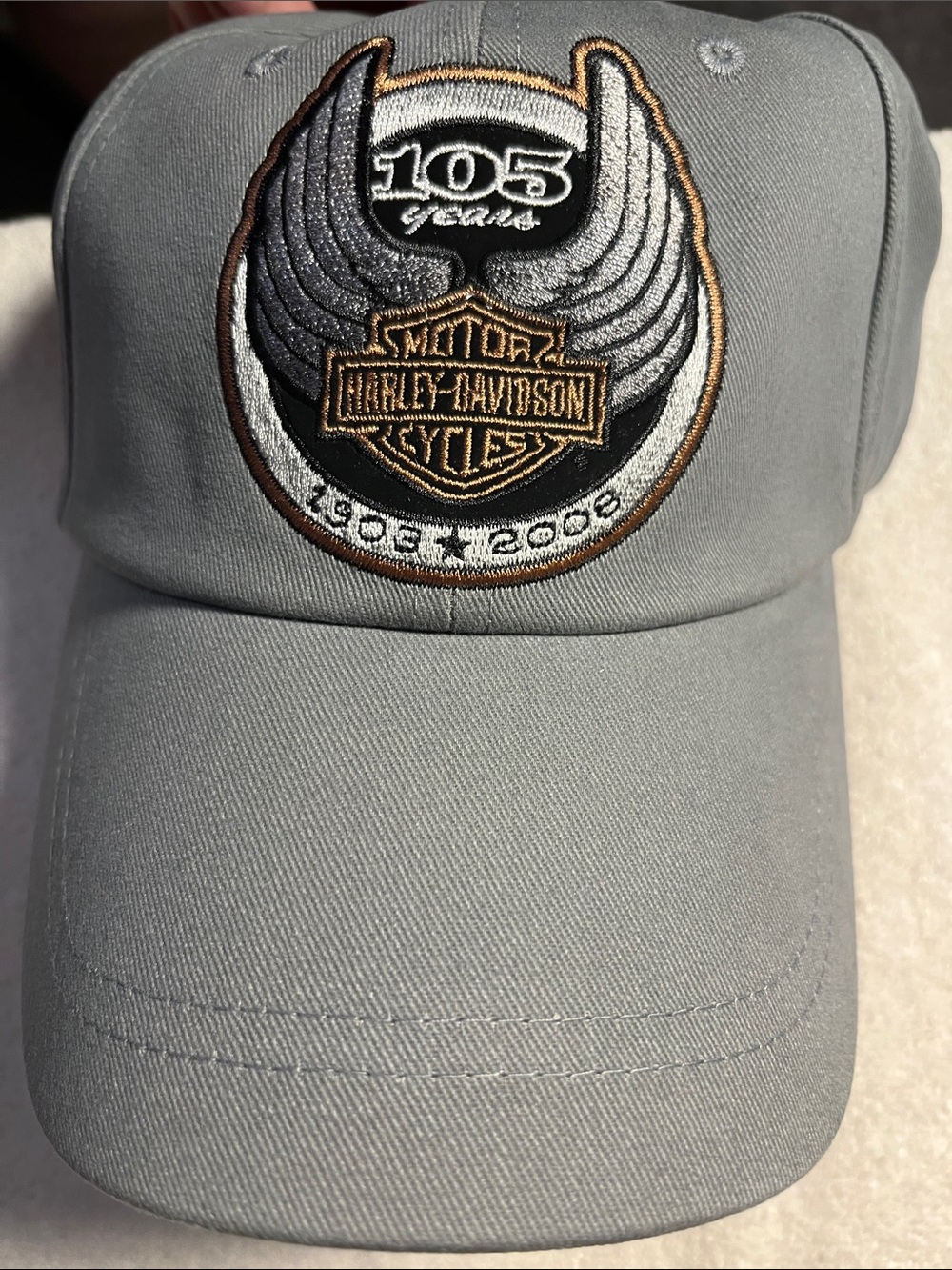 NWT Harley-Davidson Gray Cap with Black and Gold 105 Years Patch